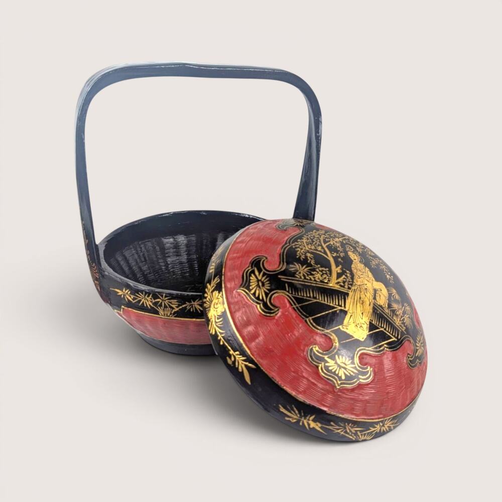 Vintage Chinese Hand Painted Bamboo Wedding Basket